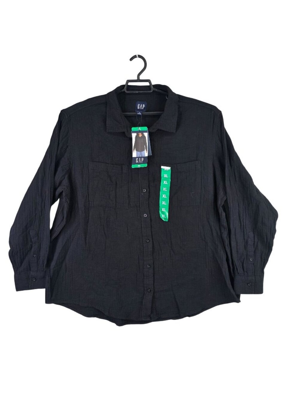 Womens Gap Black Double Gauze Button Up Shirt 100% Cotton Long Sleeve Size XL